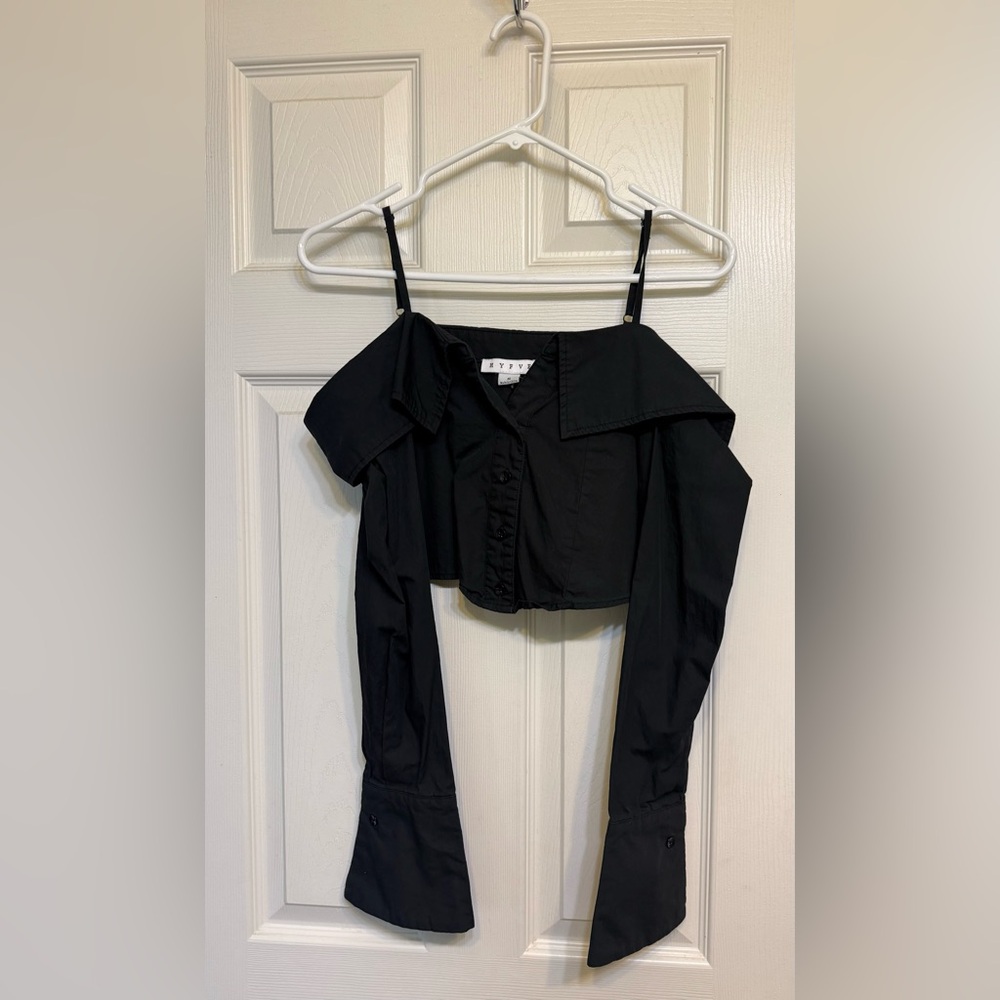 OFF THE SHOULDER CROP BUTTON UP SHIRT - Picture 2 of 3